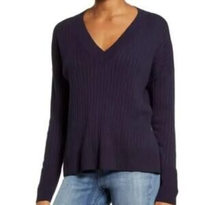 Treasure & Bond Women's SWEATER ribbed v-neck navy Blue Medium NWT